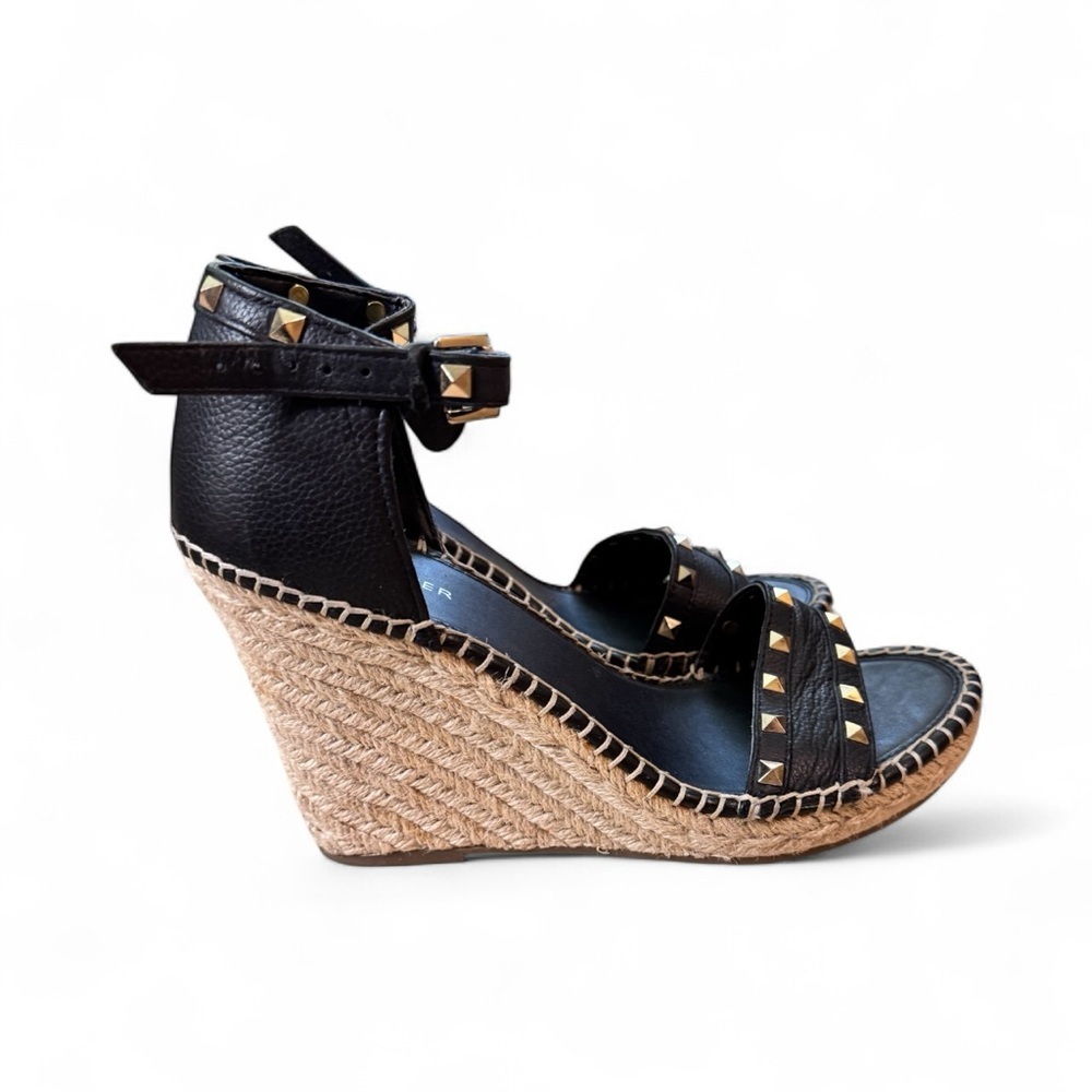 Marc Fisher Studded Espadrille Wedge Sandals Black Leather Size 10 NWOB